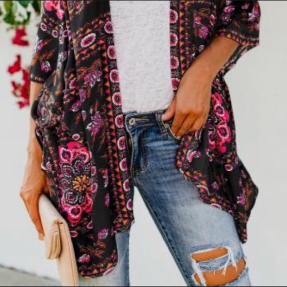 Black and Hot Pink Floral Boho Kimono - Picture 3 of 4